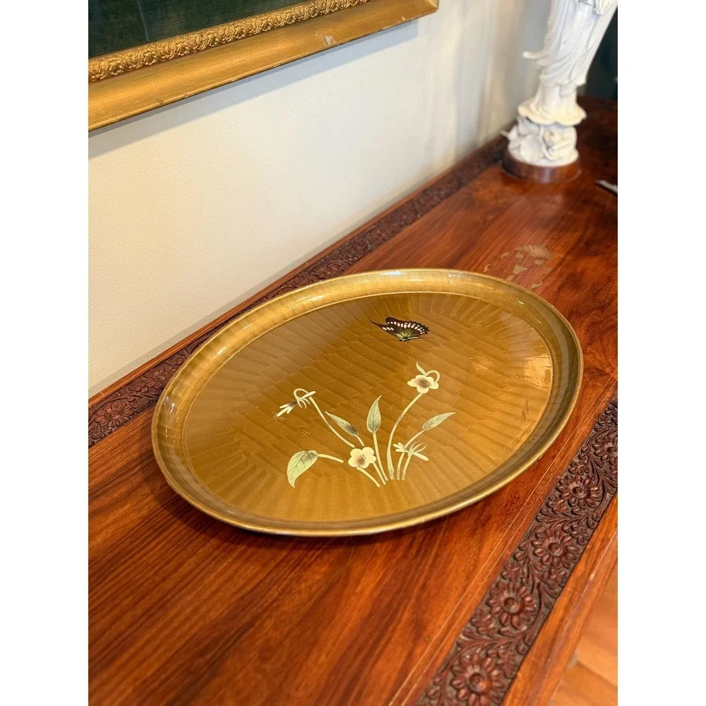 Vintage Gold Lacquer Tray, Hand Painted Butterfly Oval‎ Serving Tray - 18
